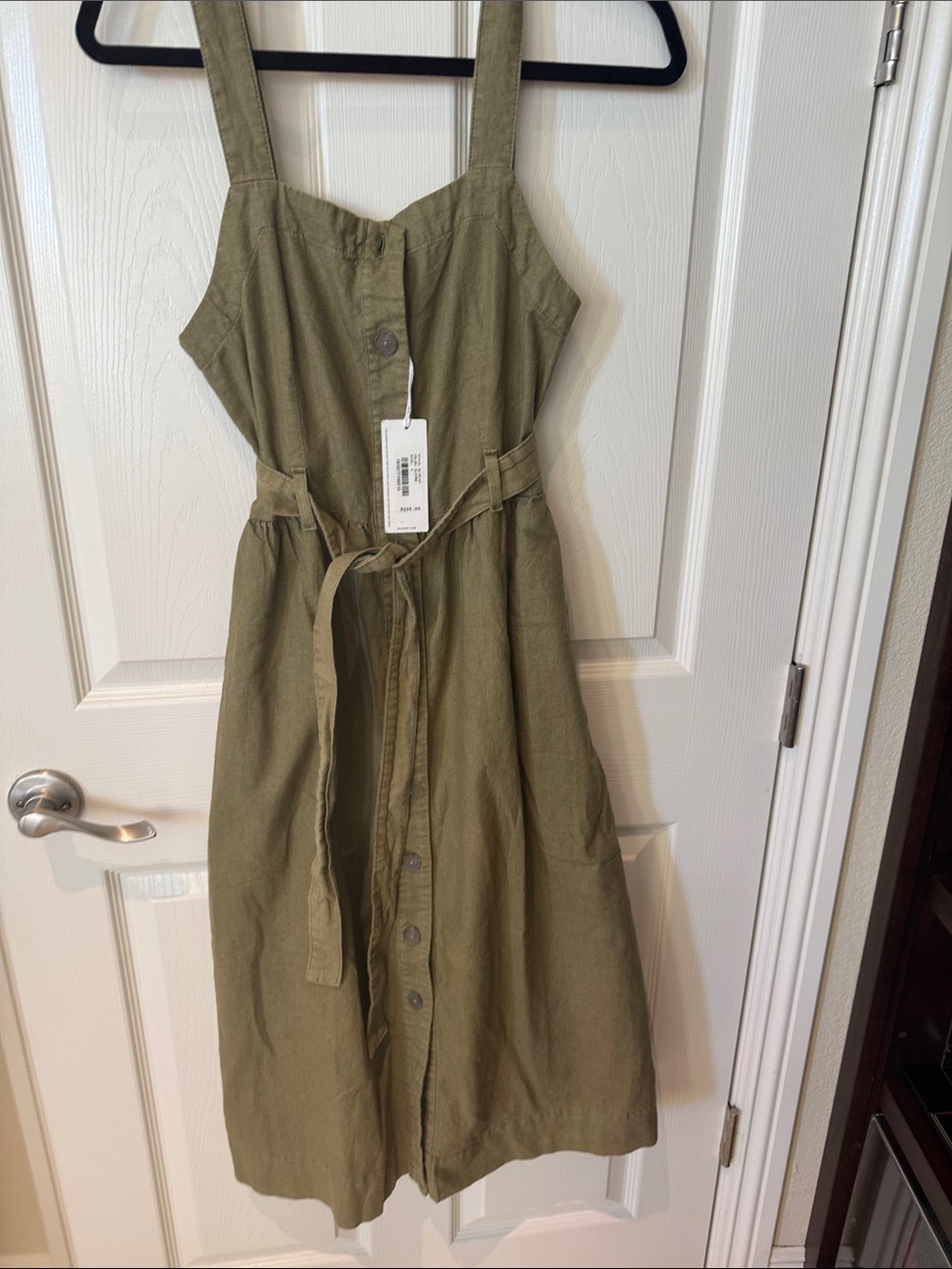 NWT smallAdriano Goldschmmied Olive Green Button-Front Midi Dress with Waist Tie